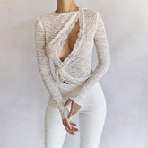 Asymmetrical Sheer Cutout Tie Front Long Sleeve Lace Top - White